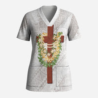 Hawaii Ka Pule a ka Haku Memorial Scrub Top Flower Lei Cross - Ivory White