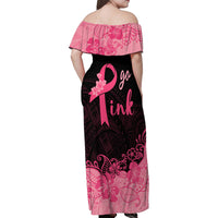 Polynesian Family Matching Off Shoulder Maxi Dress and Hawaiian Shirt Plumeria Breast Cancer Awareness Survivor Ribbon Pink LT7 - Polynesian Pride