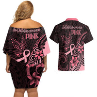 Polynesian Couples Matching Off Shoulder Short Dress and Hawaiian Shirt Breast Cancer RIbbon Butterfly Mix Plumeria Curves Pink LT7 - Polynesian Pride
