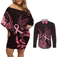 Polynesian Couples Matching Off Shoulder Short Dress and Long Sleeve Button Shirts Breast Cancer RIbbon Butterfly Mix Plumeria Curves Pink LT7 Black Pink - Polynesian Pride