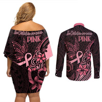 Polynesian Couples Matching Off Shoulder Short Dress and Long Sleeve Button Shirts Breast Cancer RIbbon Butterfly Mix Plumeria Curves Pink LT7 - Polynesian Pride