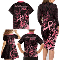 Polynesian Family Matching Long Sleeve Bodycon Dress and Hawaiian Shirt Breast Cancer RIbbon Butterfly Mix Plumeria Curves Pink LT7 - Polynesian Pride