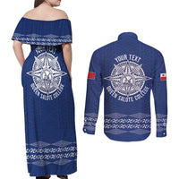 Queen Salote College 100 Years Anniversary Personalized Couples Matching Off Shoulder Maxi Dress and Long Sleeve Button Shirt Tonga QSC Royal Blue - Polynesian Pride