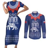 Queen Salote College 100 Years Anniversary Personalized Couples Matching Short Sleeve Bodycon Dress and Long Sleeve Button Shirt Tonga QSC Royal Blue - Polynesian Pride