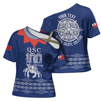 Queen Salote College 100 Years Anniversary Personalized Cross Shoulder Shirt Tonga QSC Royal Blue - Polynesian Pride