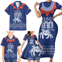 Queen Salote College 100 Years Anniversary Personalized Family Matching Short Sleeve Bodycon Dress and Hawaiian Shirt Tonga QSC Royal Blue - Polynesian Pride