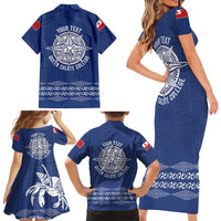Queen Salote College 100 Years Anniversary Personalized Family Matching Short Sleeve Bodycon Dress and Hawaiian Shirt Tonga QSC Royal Blue - Polynesian Pride