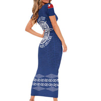 Queen Salote College 100 Years Anniversary Personalized Short Sleeve Bodycon Dress Tonga QSC Royal Blue LT7 - Polynesian Pride