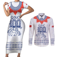 Queen Salote College 100 Years Anniversary Personalized Couples Matching Short Sleeve Bodycon Dress and Long Sleeve Button Shirt Tonga QSC White - Polynesian Pride