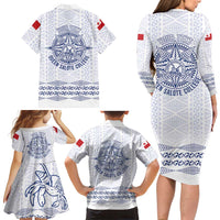 Queen Salote College 100 Years Anniversary Personalized Family Matching Long Sleeve Bodycon Dress and Hawaiian Shirt Tonga QSC White - Polynesian Pride