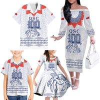 Queen Salote College 100 Years Anniversary Personalized Family Matching Off The Shoulder Long Sleeve Dress and Hawaiian Shirt Tonga QSC White LT7 - Polynesian Pride