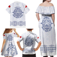 Queen Salote College 100 Years Anniversary Personalized Family Matching Off Shoulder Maxi Dress and Hawaiian Shirt Tonga QSC White - Polynesian Pride