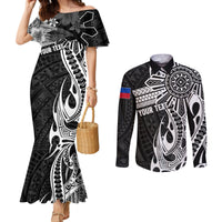 Personalised Philippines Couples Matching Mermaid Dress and Long Sleeve Button Shirt Tribal Sun LT7 Black - Polynesian Pride