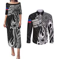 Personalised Philippines Couples Matching Puletasi Dress and Long Sleeve Button Shirt Tribal Sun LT7 Black - Polynesian Pride