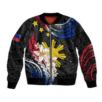 Personalised Philippines Tribal Bomber Jacket Mix Plumeria - Flag Colors LT7 Unisex Black - Polynesian Pride