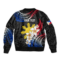 Personalised Philippines Tribal Sleeve Zip Bomber Jacket Mix Plumeria - Flag Colors LT7 - Polynesian Pride