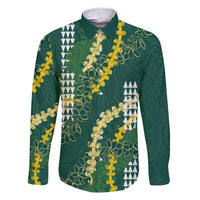 Hawaii Aloha Kakau Family Matching Mermaid Dress and Hawaiian Shirt Green Puakenikeni and Maile Lei Twist