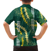 Hawaii Aloha Kakau Family Matching Off The Shoulder Long Sleeve Dress and Hawaiian Shirt Green Puakenikeni and Maile Lei Twist