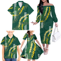 Hawaii Aloha Kakau Family Matching Off The Shoulder Long Sleeve Dress and Hawaiian Shirt Green Puakenikeni and Maile Lei Twist