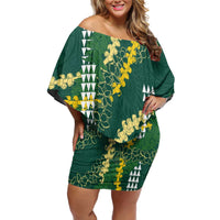 Hawaii Aloha Kakau Family Matching Off Shoulder Short Dress and Hawaiian Shirt Green Puakenikeni and Maile Lei Twist
