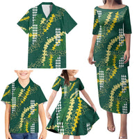 Hawaii Aloha Kakau Family Matching Puletasi and Hawaiian Shirt Green Puakenikeni and Maile Lei Twist