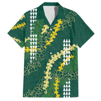 Hawaii Aloha Kakau Family Matching Short Sleeve Bodycon Dress and Hawaiian Shirt Green Puakenikeni and Maile Lei Twist