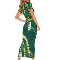 Hawaii Aloha Kakau Family Matching Short Sleeve Bodycon Dress and Hawaiian Shirt Green Puakenikeni and Maile Lei Twist