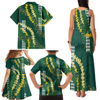 Hawaii Aloha Kakau Family Matching Tank Maxi Dress and Hawaiian Shirt Green Puakenikeni and Maile Lei Twist