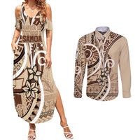 Samoa Siapo Classic Motif Couples Matching Summer Maxi Dress and Long Sleeve Button Shirt Manuia le tutoatasi o Samoa Independence LT7 Beige - Polynesian Pride