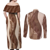 Polynesian Tribal Pattern Patchwork Picturesque Couples Matching Off Shoulder Maxi Dress and Long Sleeve Button Shirt Mocha LT7 - Polynesian Pride