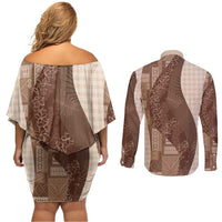 Polynesian Tribal Pattern Patchwork Picturesque Couples Matching Off Shoulder Short Dress and Long Sleeve Button Shirt Mocha LT7 - Polynesian Pride