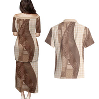 Polynesian Tribal Pattern Patchwork Picturesque Couples Matching Puletasi and Hawaiian Shirt Mocha LT7 - Polynesian Pride