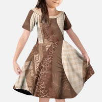 Polynesian Tribal Pattern Patchwork Picturesque Kid Short Sleeve Dress Mocha LT7 KID Mocha - Polynesian Pride
