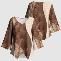 Polynesian Tribal Pattern Patchwork Picturesque Kimono Sleeve Blouse Mocha LT7 - Polynesian Pride