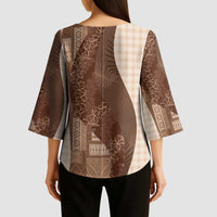 Polynesian Tribal Pattern Patchwork Picturesque Kimono Sleeve Blouse Mocha LT7 - Polynesian Pride