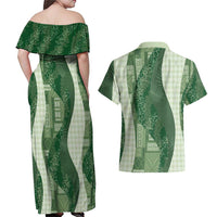 Polynesian Tribal Pattern Patchwork Picturesque Couples Matching Off Shoulder Maxi Dress and Hawaiian Shirt Sage Green LT7 - Polynesian Pride