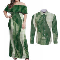 Polynesian Tribal Pattern Patchwork Picturesque Couples Matching Off Shoulder Maxi Dress and Long Sleeve Button Shirt Sage Green LT7 Sage Green - Polynesian Pride