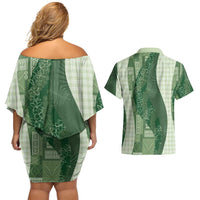 Polynesian Tribal Pattern Patchwork Picturesque Couples Matching Off Shoulder Short Dress and Hawaiian Shirt Sage Green LT7 - Polynesian Pride