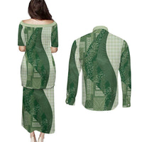 Polynesian Tribal Pattern Patchwork Picturesque Couples Matching Puletasi and Long Sleeve Button Shirt Sage Green LT7 - Polynesian Pride
