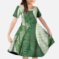 Polynesian Tribal Pattern Patchwork Picturesque Family Matching Long Sleeve Bodycon Dress and Hawaiian Shirt Sage Green