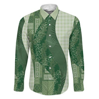 Polynesian Tribal Pattern Patchwork Picturesque Family Matching Long Sleeve Bodycon Dress and Hawaiian Shirt Sage Green