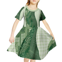 Polynesian Tribal Pattern Patchwork Picturesque Kid Short Sleeve Dress Sage Green LT7 - Polynesian Pride