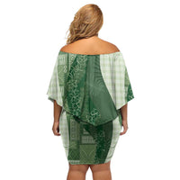 Polynesian Tribal Pattern Patchwork Picturesque Off Shoulder Short Dress Sage Green LT7 - Polynesian Pride