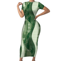 Polynesian Tribal Pattern Patchwork Picturesque Short Sleeve Bodycon Dress Sage Green LT7 Long Dress Sage Green - Polynesian Pride