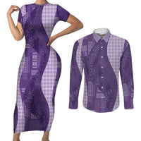 Polynesian Tribal Pattern Patchwork Picturesque Couples Matching Short Sleeve Bodycon Dress and Long Sleeve Button Shirt Deep Violet LT7 Violet - Polynesian Pride
