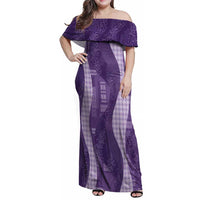 Polynesian Tribal Pattern Patchwork Picturesque Family Matching Off Shoulder Maxi Dress and Hawaiian Shirt Deep Violet LT7 Mom's Dress Violet - Polynesian Pride