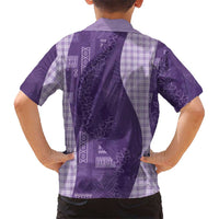 Polynesian Tribal Pattern Patchwork Picturesque Family Matching Off Shoulder Short Dress and Hawaiian Shirt Deep Violet