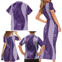 Polynesian Tribal Pattern Patchwork Picturesque Family Matching Short Sleeve Bodycon Dress and Hawaiian Shirt Deep Violet