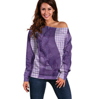 Polynesian Tribal Pattern Patchwork Picturesque Off Shoulder Sweater Deep Violet LT7 Women Violet - Polynesian Pride