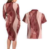 Polynesian Tribal Pattern Patchwork Picturesque Couples Matching Long Sleeve Bodycon Dress and Hawaiian Shirt Crimson LT7 - Polynesian Pride